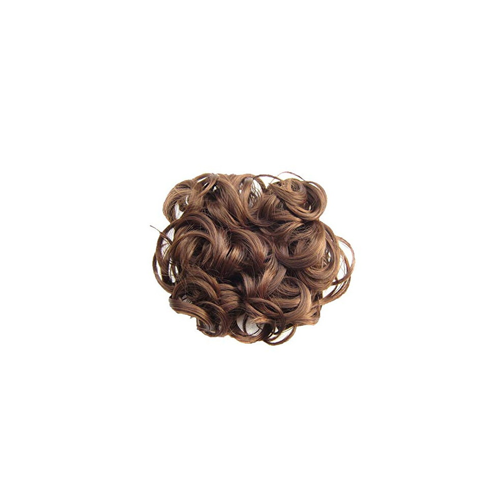Unisex Red,Brown Clip In Ponytail Extension With Messy Bun Hair Piece, Medium Brown Light Auburn Curly Hairpiece