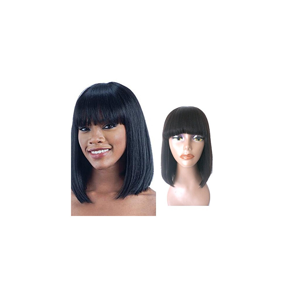 Unisex 12' Human Hair Bob Wig With Bangs Brazilian Yaki Glueless Readytowear Adjustable Cap