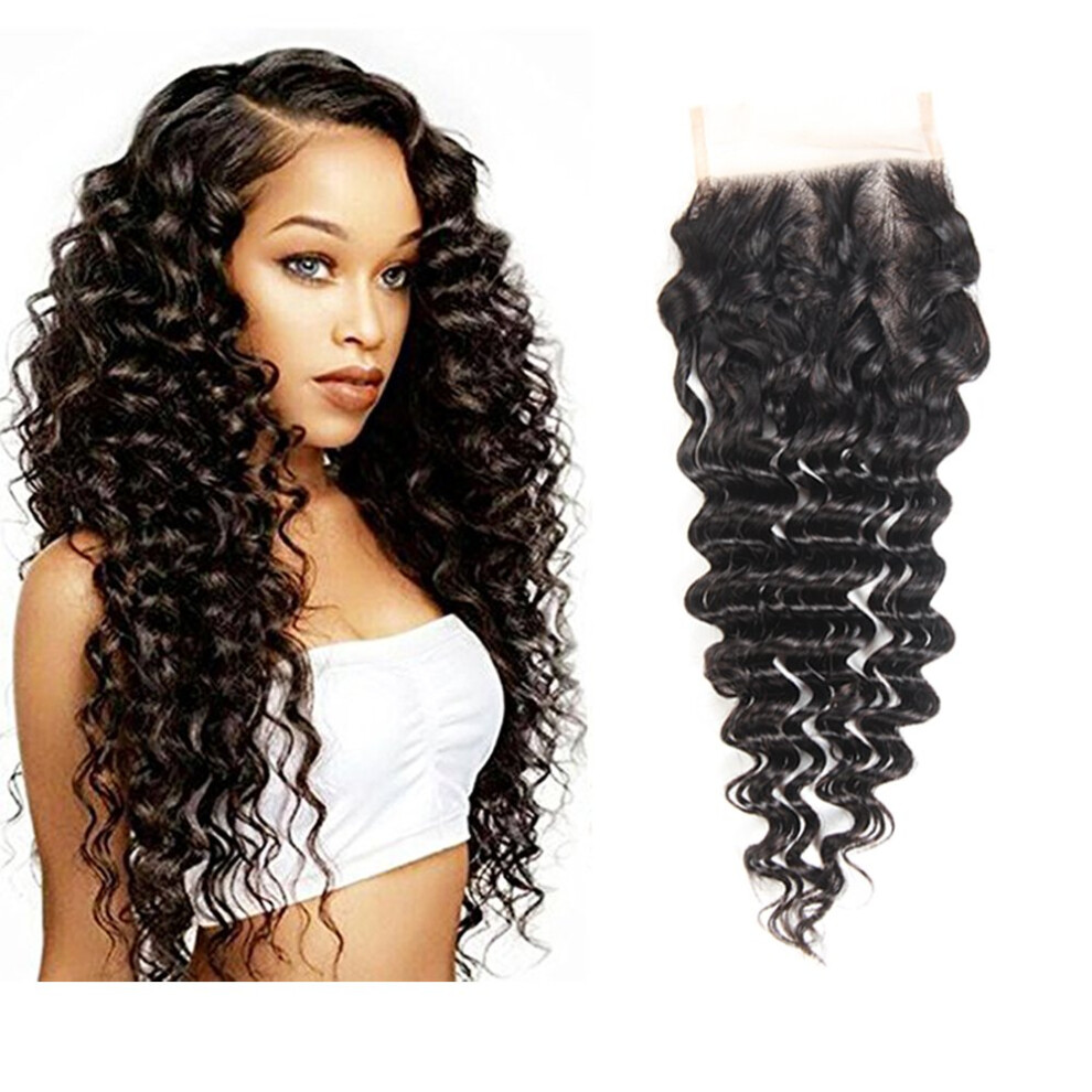 Unisex 10A Remy Virgin Human Hair Bundles With Closure Malaysian Deep Wave 16 Inch Lace Closure