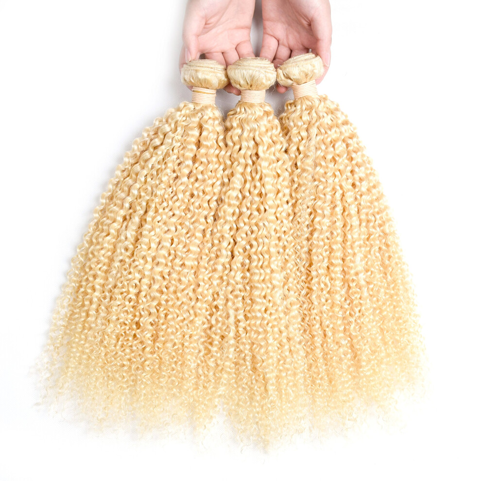Unisex 613 Blonde Kinky Curly Virgin Human Hair 3 Bundles With Lace Closure Brazilian Honey Blonde 20 Inch