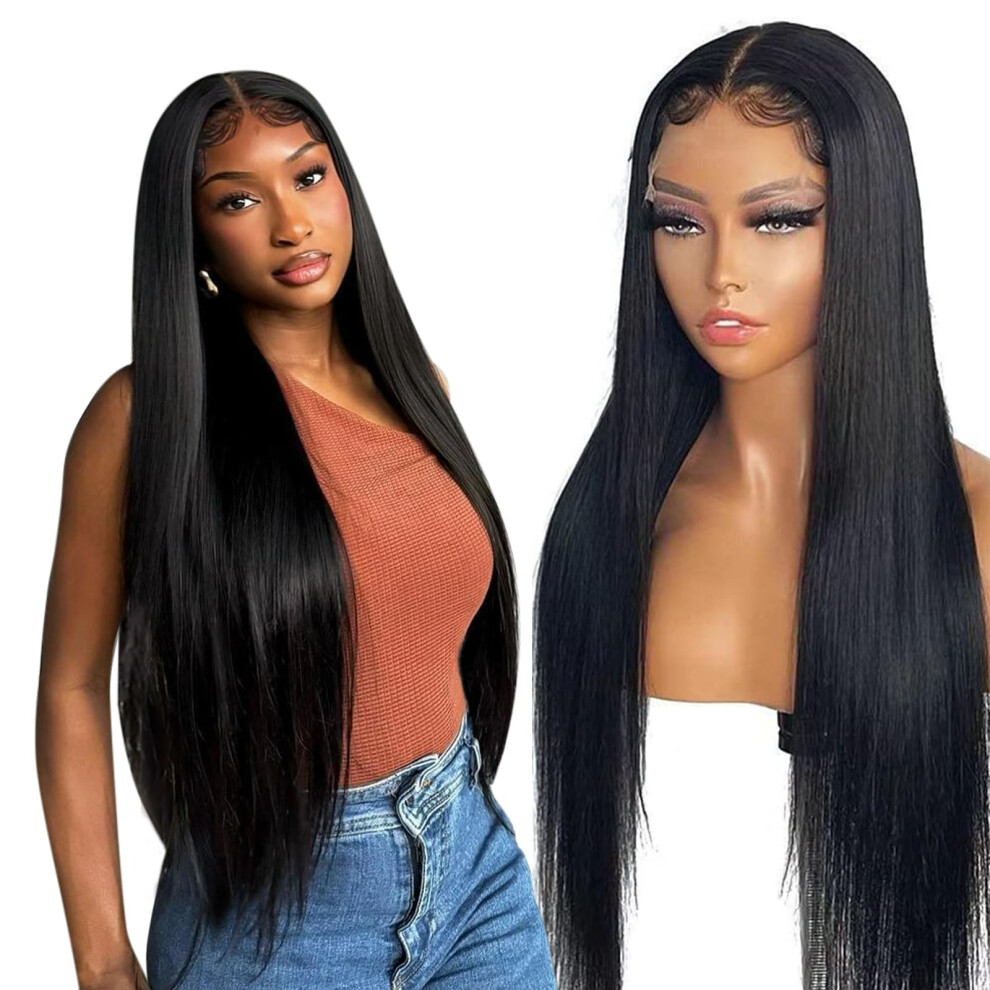 Unisex Black 26 Inch Lace Front Wigs Human Hair Brazilian Straight 13X6 Glueless Wig For Women Natural Hairline