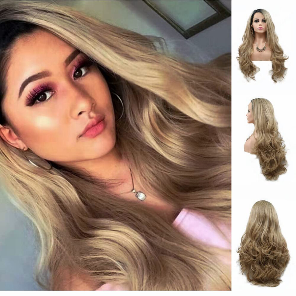 Long Wavy Synthetic Lace Front Wig Pastel Ombre Color Heat Resistant Natural Hairline