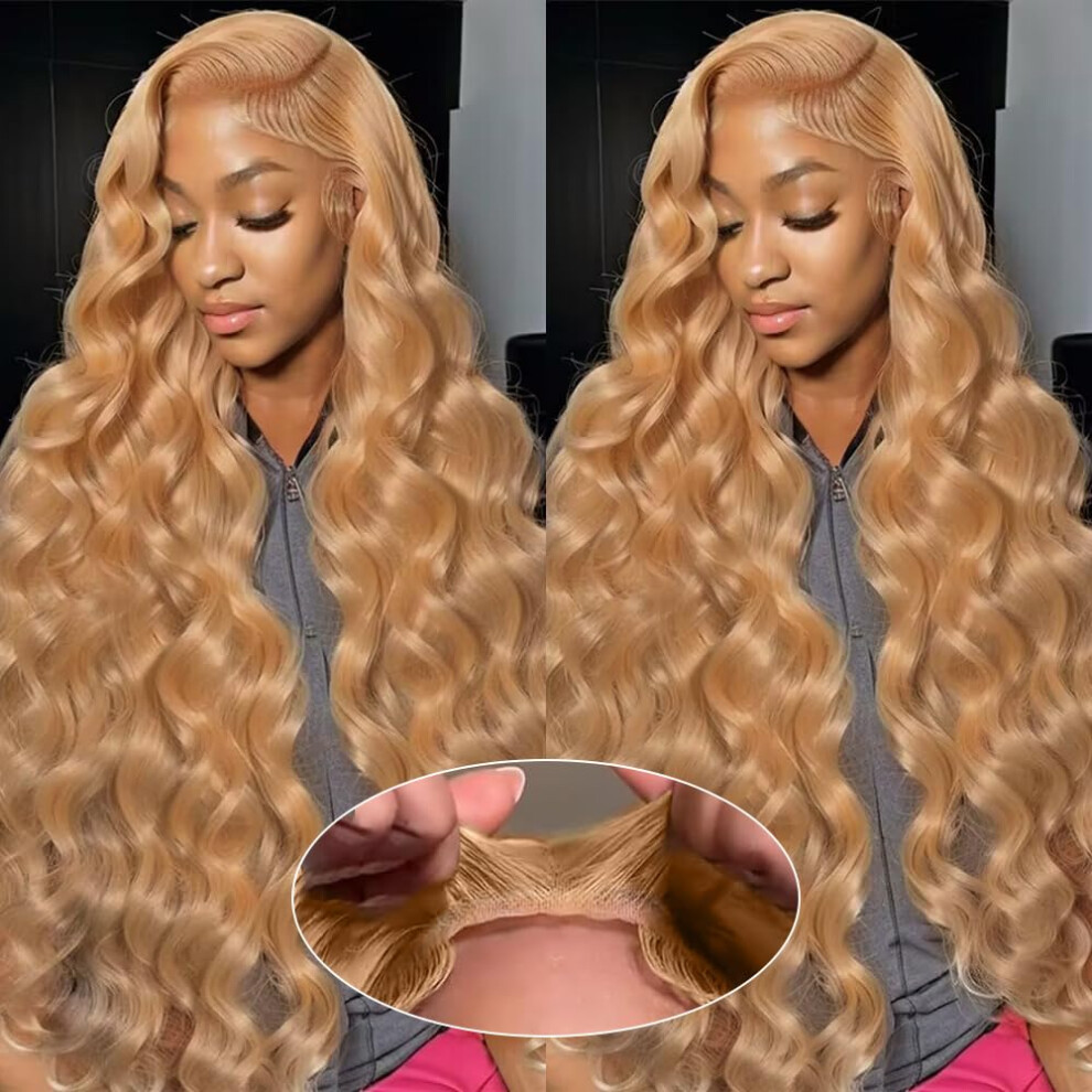 Unisex 30 Inch Honey Blonde Hd Lace Front Wig Human Hair Body Wave Glueless Pre Plucked Natural Hairline