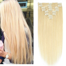20 Inch #613 Light Blonde Clip In Human Hair Extensions, Silky Straight Virgin Hair with 18 Clips