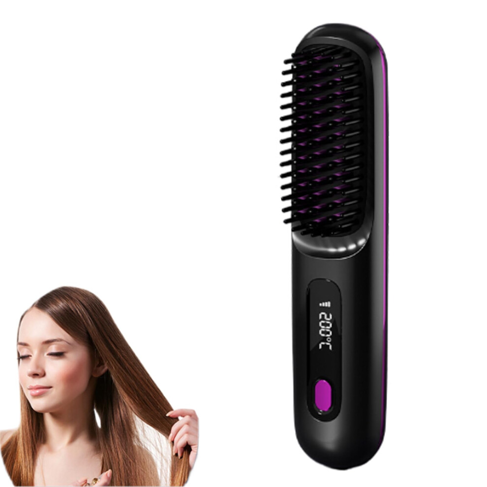 Black Cordless Hair Straightener Brush With Led Display, Negative Ion Antiscald, Travel Friendly,