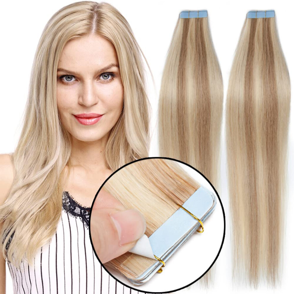 Unisex Tape In Remy Human Hair Extensions 20 Inch Blonde #18/613 Seamless Skin Weft Instant Volume
