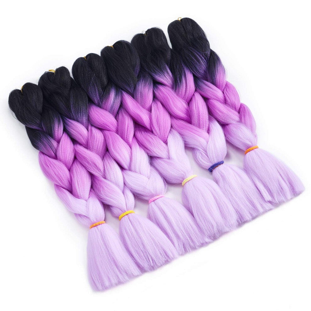 Unisex Black,Purple 24 Inch Jumbo Braiding Hair Extensions, Ombre Black Purple Light Purple, Tangle Synthetic Fiber, 6Pcs Lot