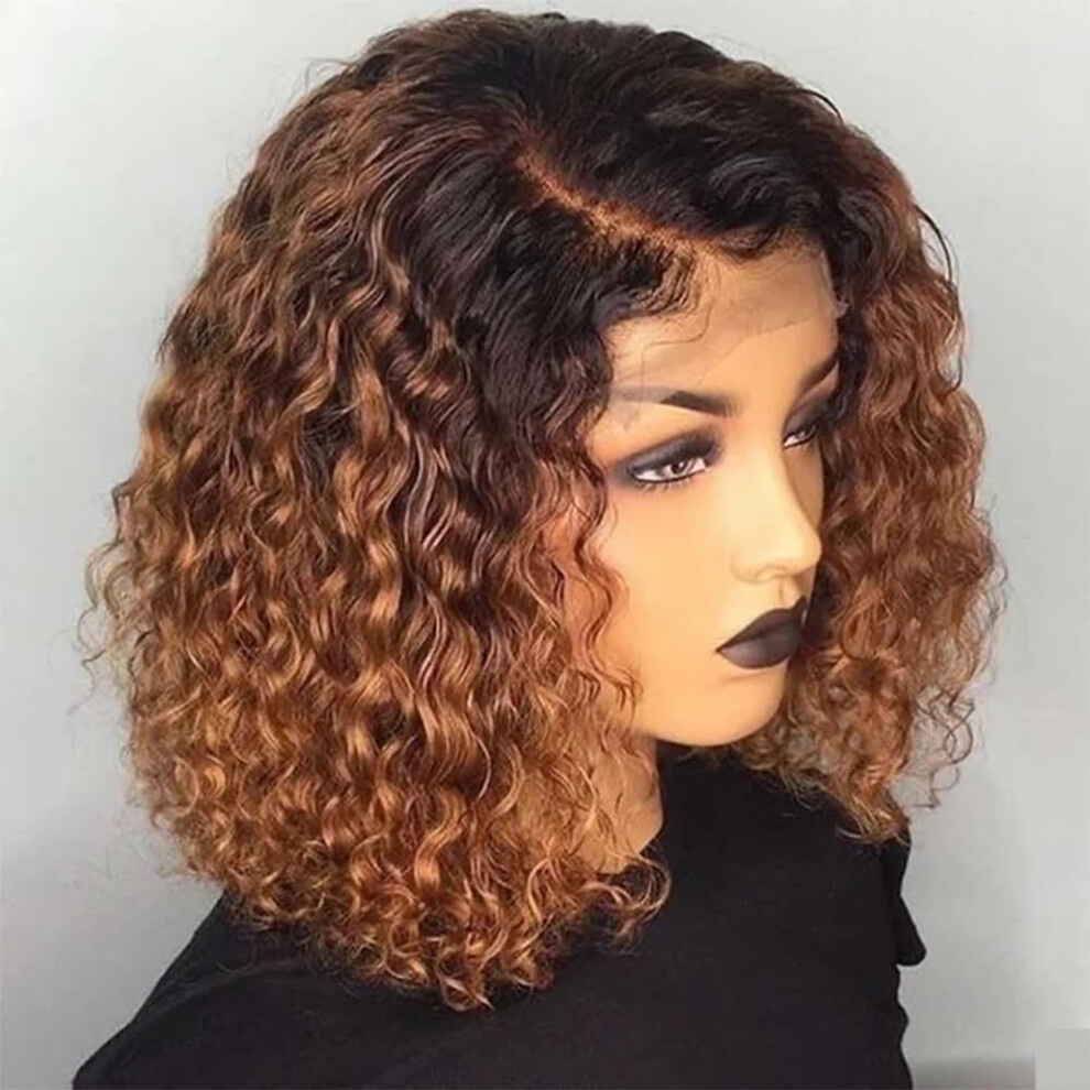 Unisex Human Hair Lace Front Wig Ombre Curly Bob 13X4 Hd Lace Natural Hairline Glueless 150% Density