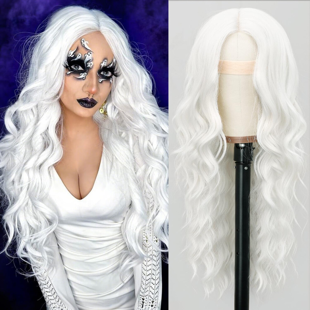 Unisex White Wavy Lace Front Wig 26 Inch Long Curly Heat Resistant Synthetic Hair With Natural Hairline