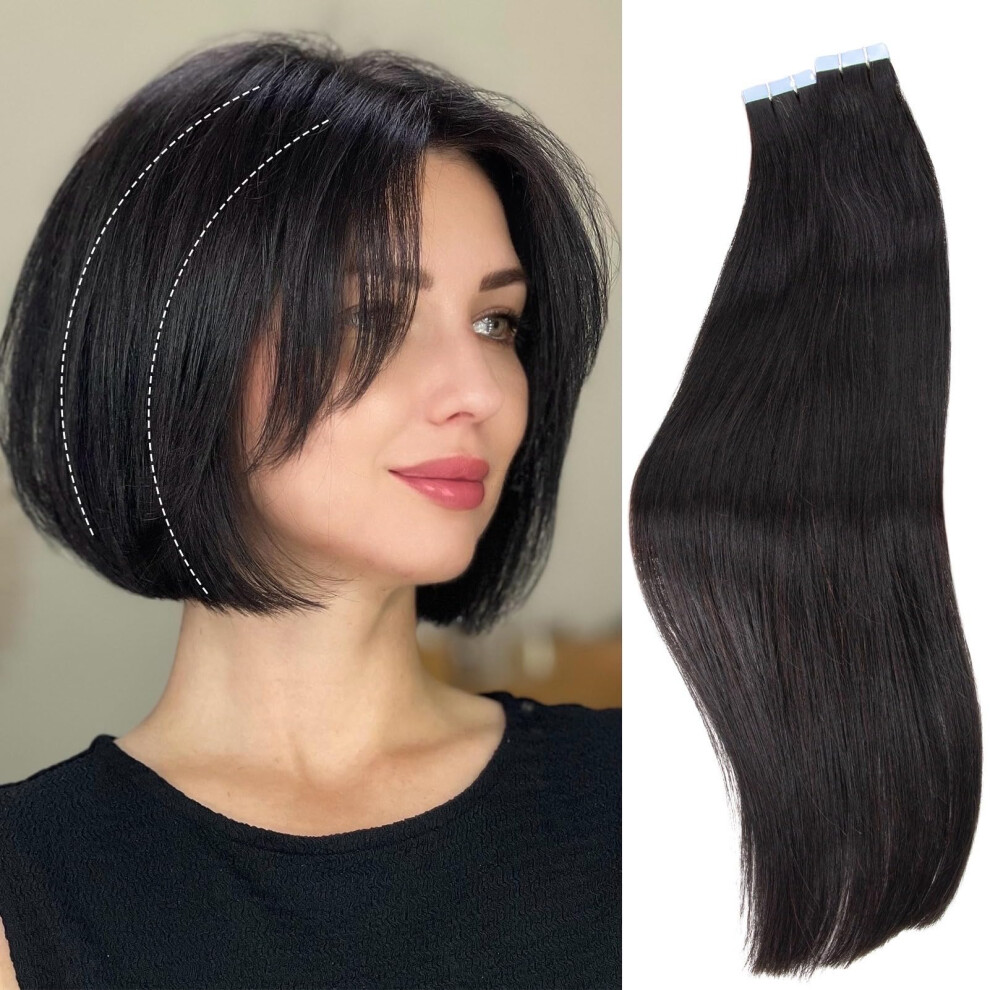 Unisex Black Tape In Natural Remy Human Hair Extensions 10 Inch Silky Straight 20Pcs Seamless Weft 30G