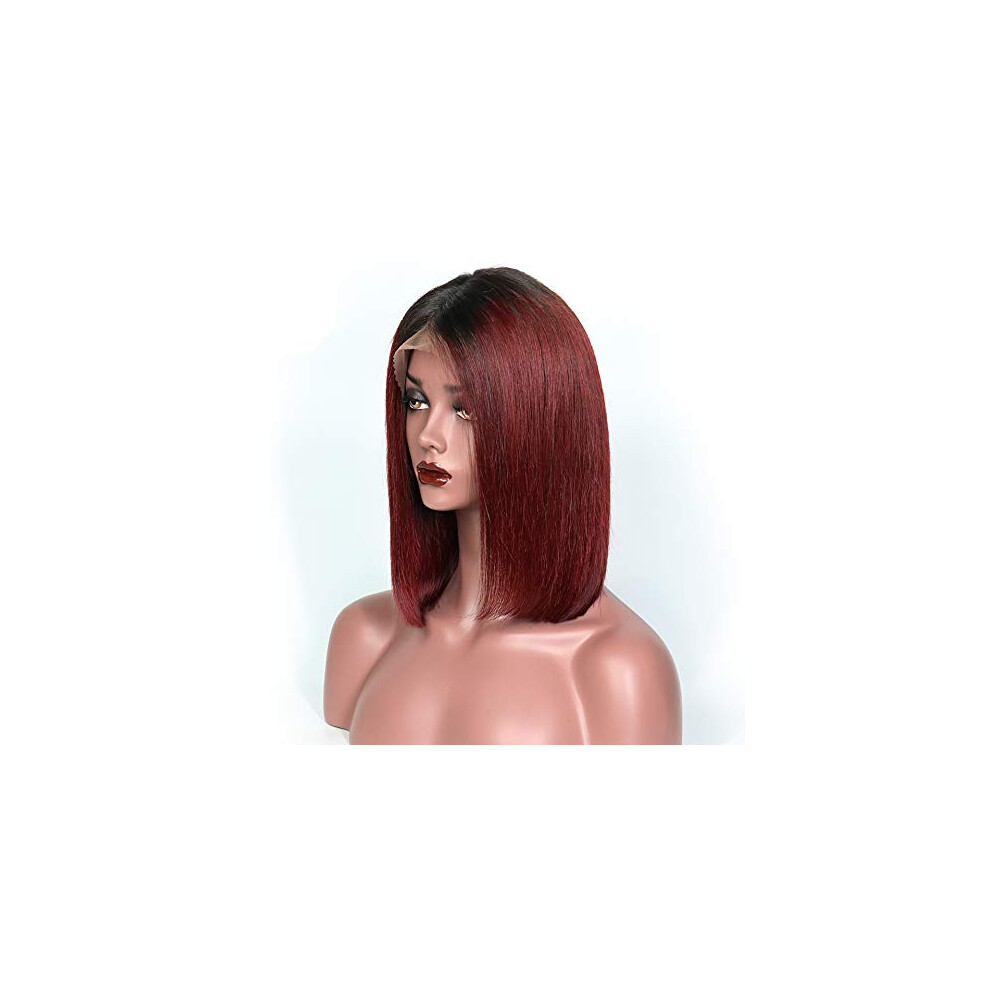 Unisex Short Bob Brazilian Virgin Human Hair Lace Front Wig 13X6 Deep Part Ombre 1B 99J 10Inch