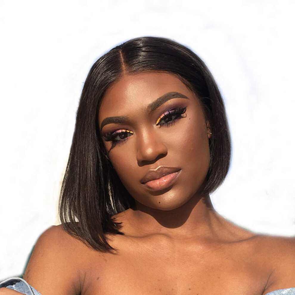 Unisex Brazilian Lace Front Wig 8'' Straight Virgin Remy Human Hair Bob Preplucked Bleached Knots Glueless