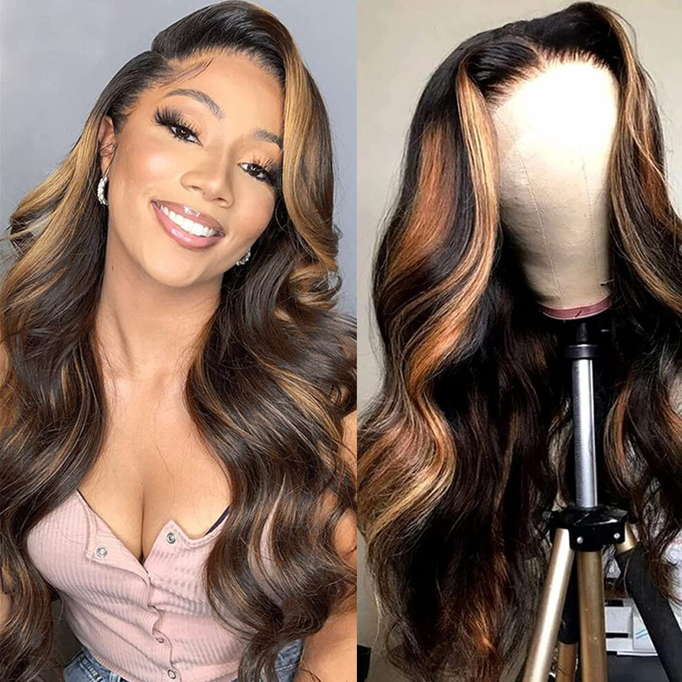 Unisex Brown 28 Inch Human Hair Lace Front Wig Highlight Honey Blonde Body Wave, Pre Plucked Bleached Knots, 150% Density Natural Hairline