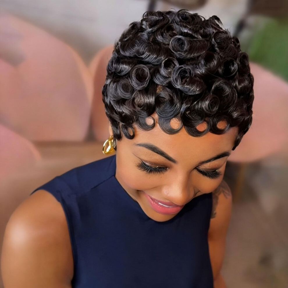 Unisex Black Pixie Cut Human Hair Wig Short Layered With Bangs Glueless Wear And Go Curly Style For Women