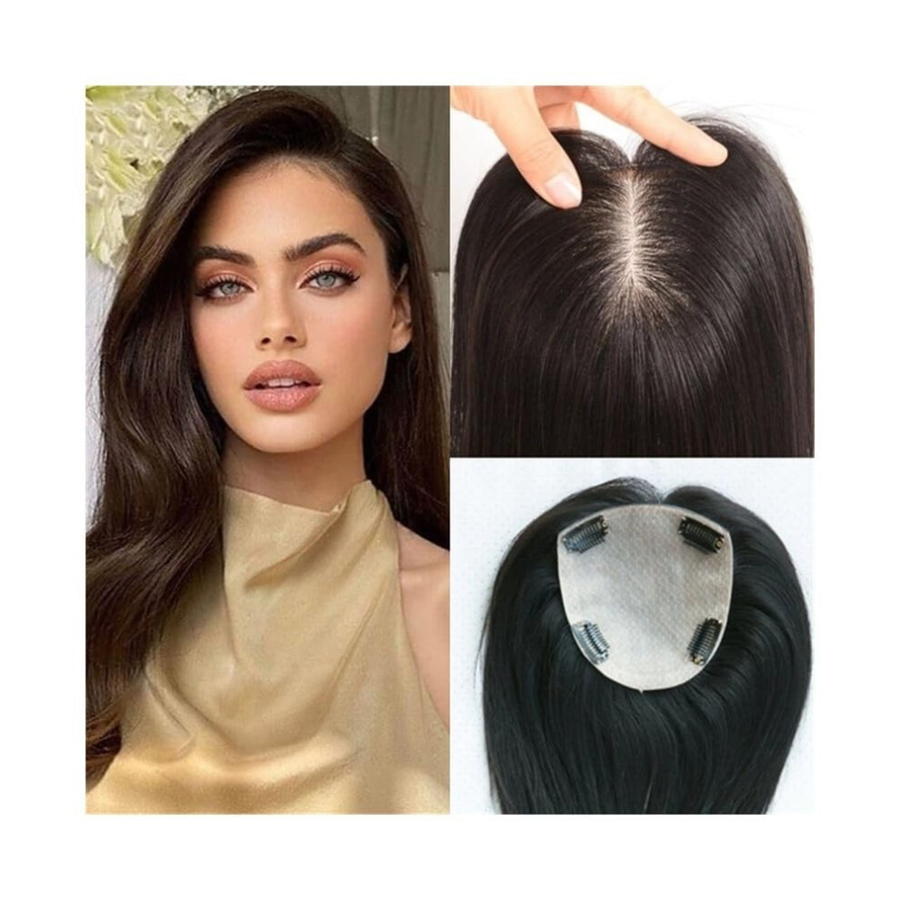 Unisex Human Hair Topper Silk Base For Women, Remy No Bangs Straight With Clips, Natural Volume Boost