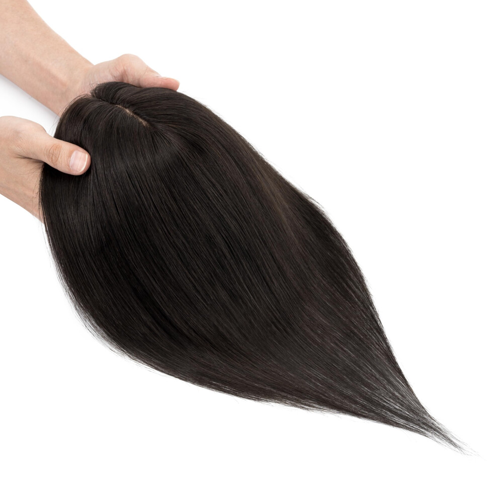 Unisex Black Remy Human Hair Topper For Women Silk Base No Bangs 150% Density 10 Inch Classic