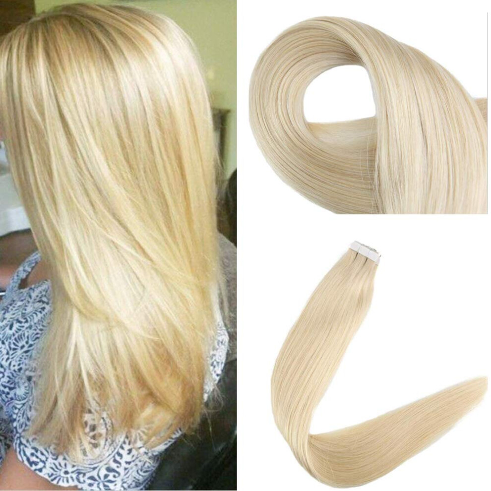 Unisex Tape In Remy Human Hair Extensions #613 Bleach Blonde 16 Inch Silky Straight Natural Blend 20Pcs