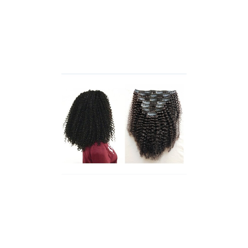Unisex Black Kinky Curly Clip In Hair Extensions 22Inch Brazilian Remy Human Hair Natural 7Pcs 120G