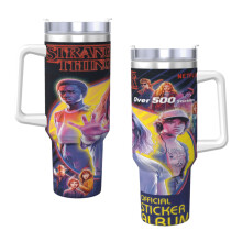 Gobelet isotherme Stranger Things 1,2 L avec anse et couvercle à paille, en acier inoxydable, idéal pour les voyages et comme cadeau.