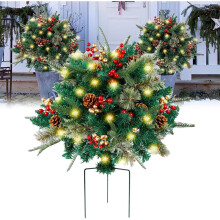 Fioriera illuminata per esterni, albero di Natale con bacche dorate e rosse, paletto a treppiede e luci a LED.