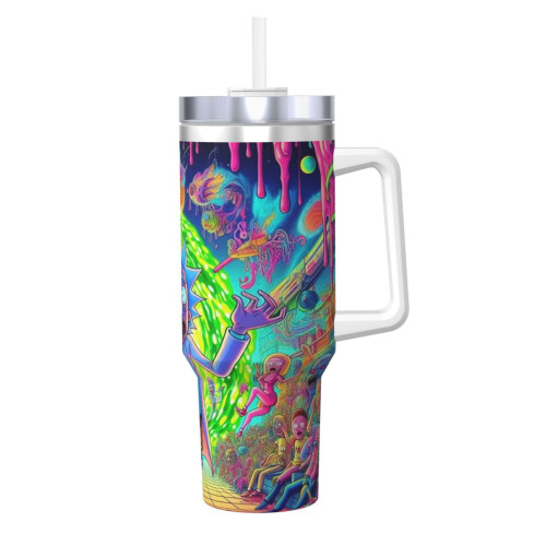 Rick And Morty Ποτήρι 40oz με λαβή και καλαμάκι - Ποτήρι ταξιδιού από ανοξείδωτο ατσάλι με
