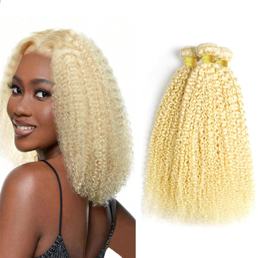 Unisex 613 Blonde Kinky Curly Brazilian Virgin Human Hair Extensions 3 Bundles Double Weft 10Â14 Inch