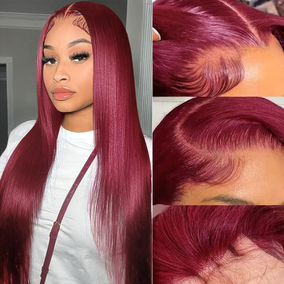 99J Burgundy 13x6 HD Lace Front Wig Human Hair 32 Inch Straight 250 Density Preplucked for Black Women