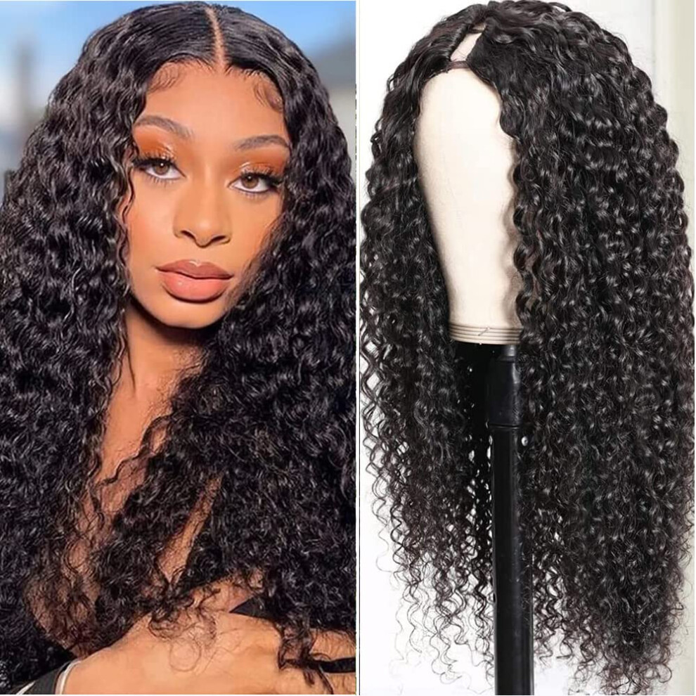 Curly V Part Wig for Black Women 22 Inch Brazilian Virgin Human Hair Glueless ClipIn 180% Volume