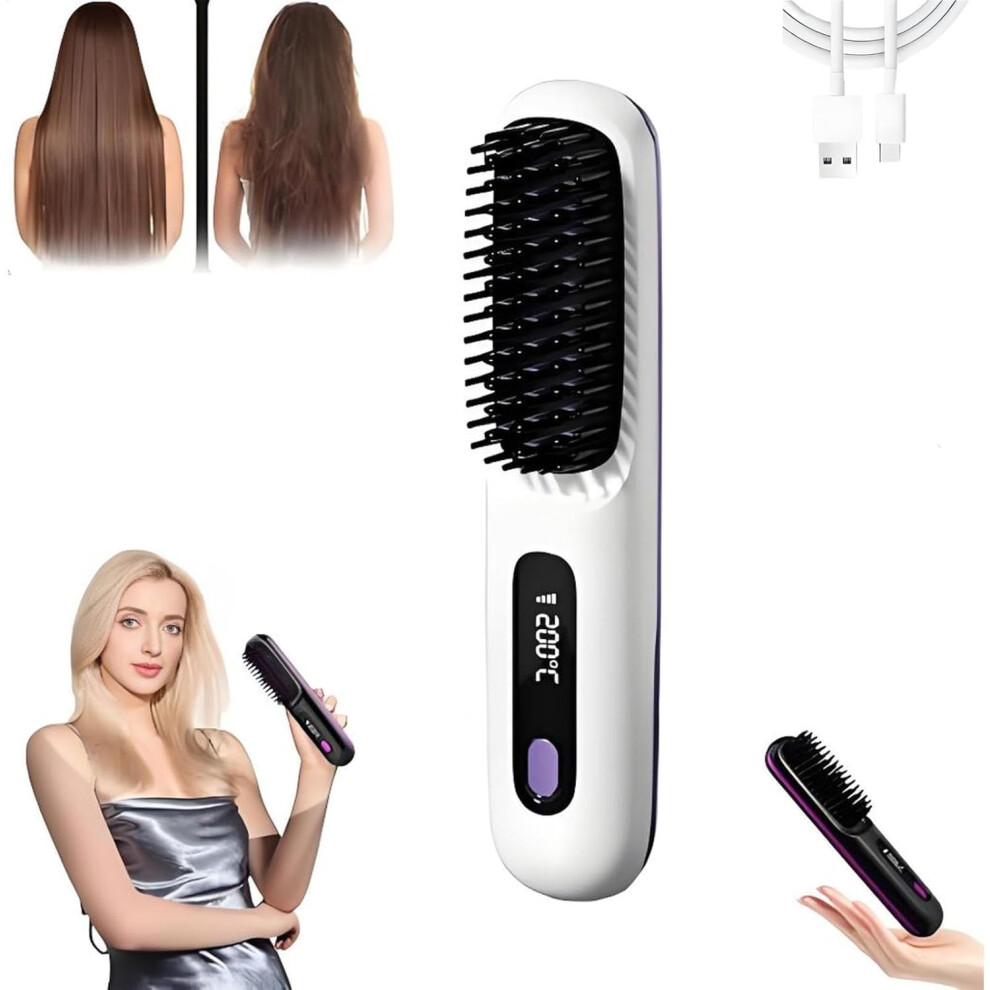 Cordless Hair Straightener Brush with Ionic Ceramic, USBC Charging, Triple Heat Settings for Travel