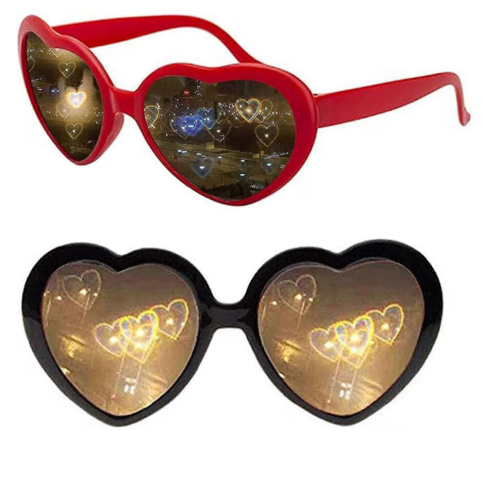Deyaah Heart Effect Glasses, 2 Pieces 3D Heart Glasses Diffraction Glasses For Carnival Music Outdoor Party Bar Fireworks