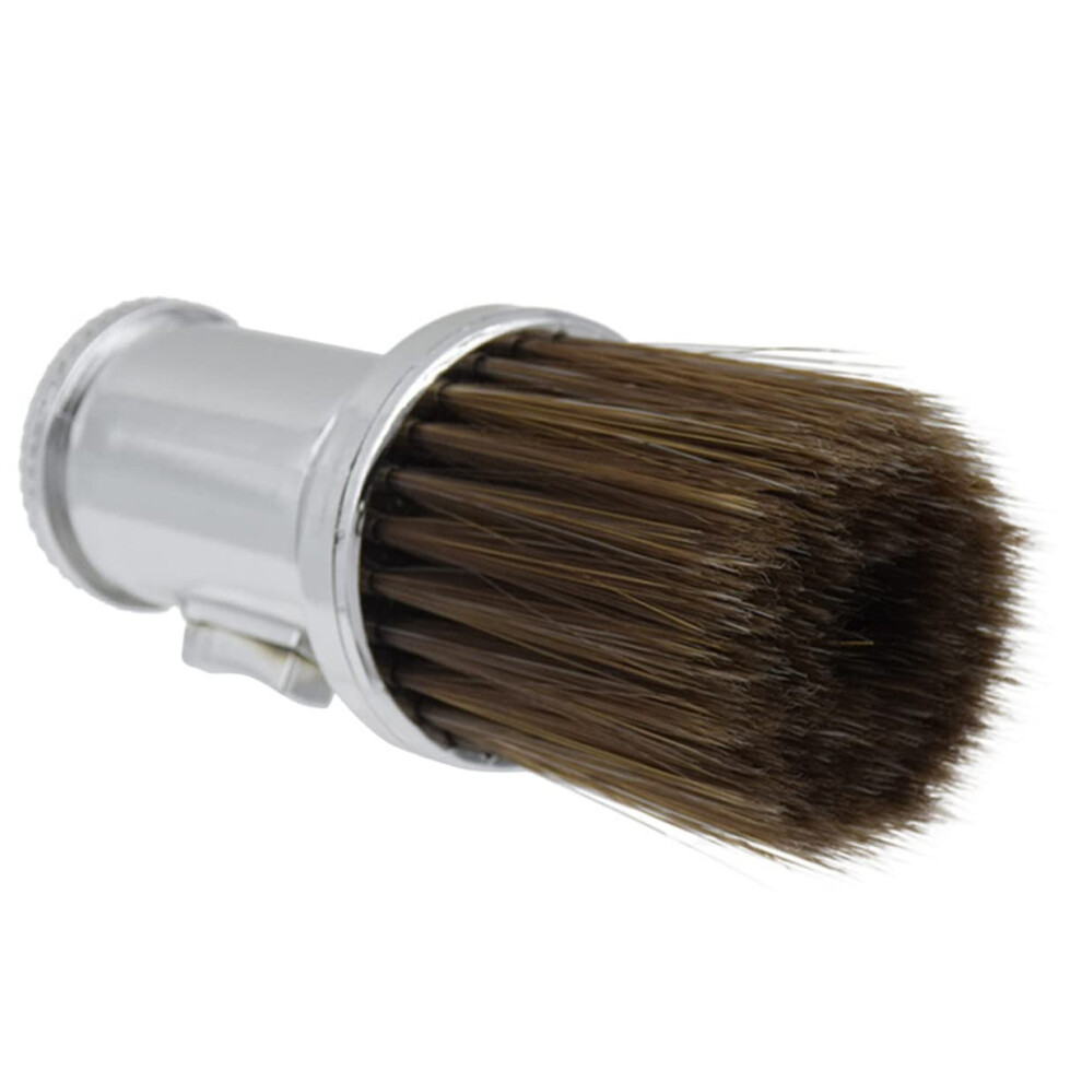 Silver Neck Duster Brush For Barbers With Density Bristles And Powder Dispenser For Haircuts