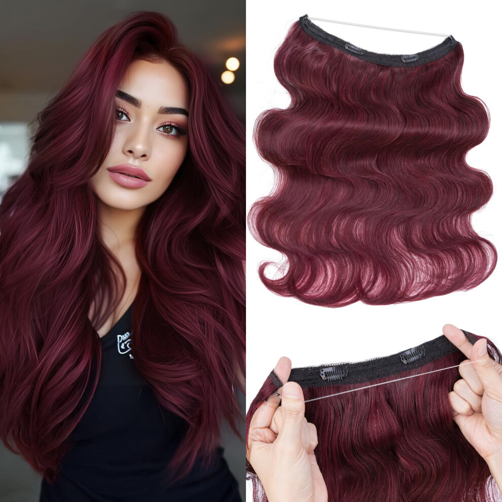 Unisex Red 18 Inch Halo Hair Extensions Human Hair, Wavy Burgundy Wine Invisible Wire, Instant Volume