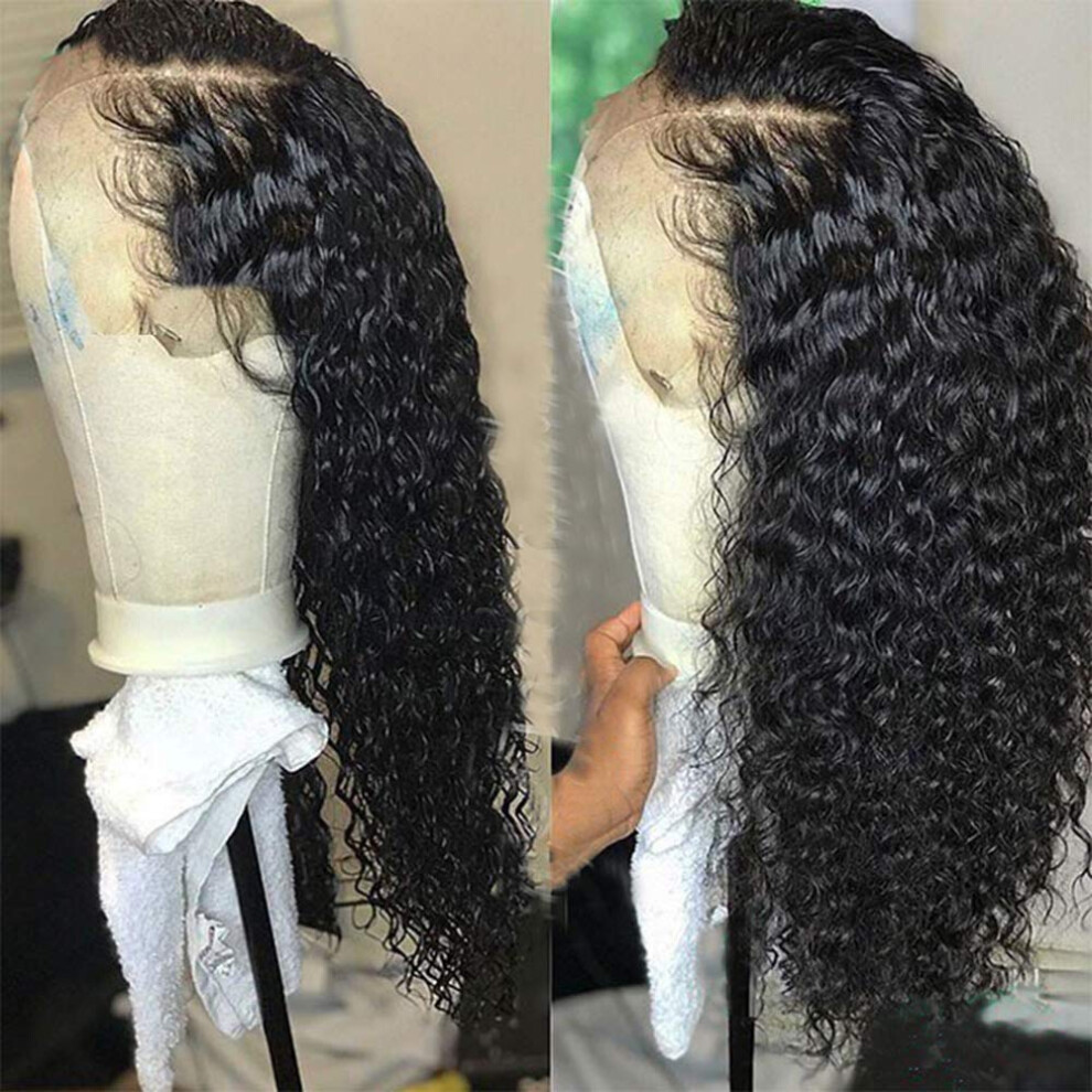 Unisex Black Jerry Curly Human Hair Lace Front Wig For Women Pre Plucked Glueless 130% Density 22Inch