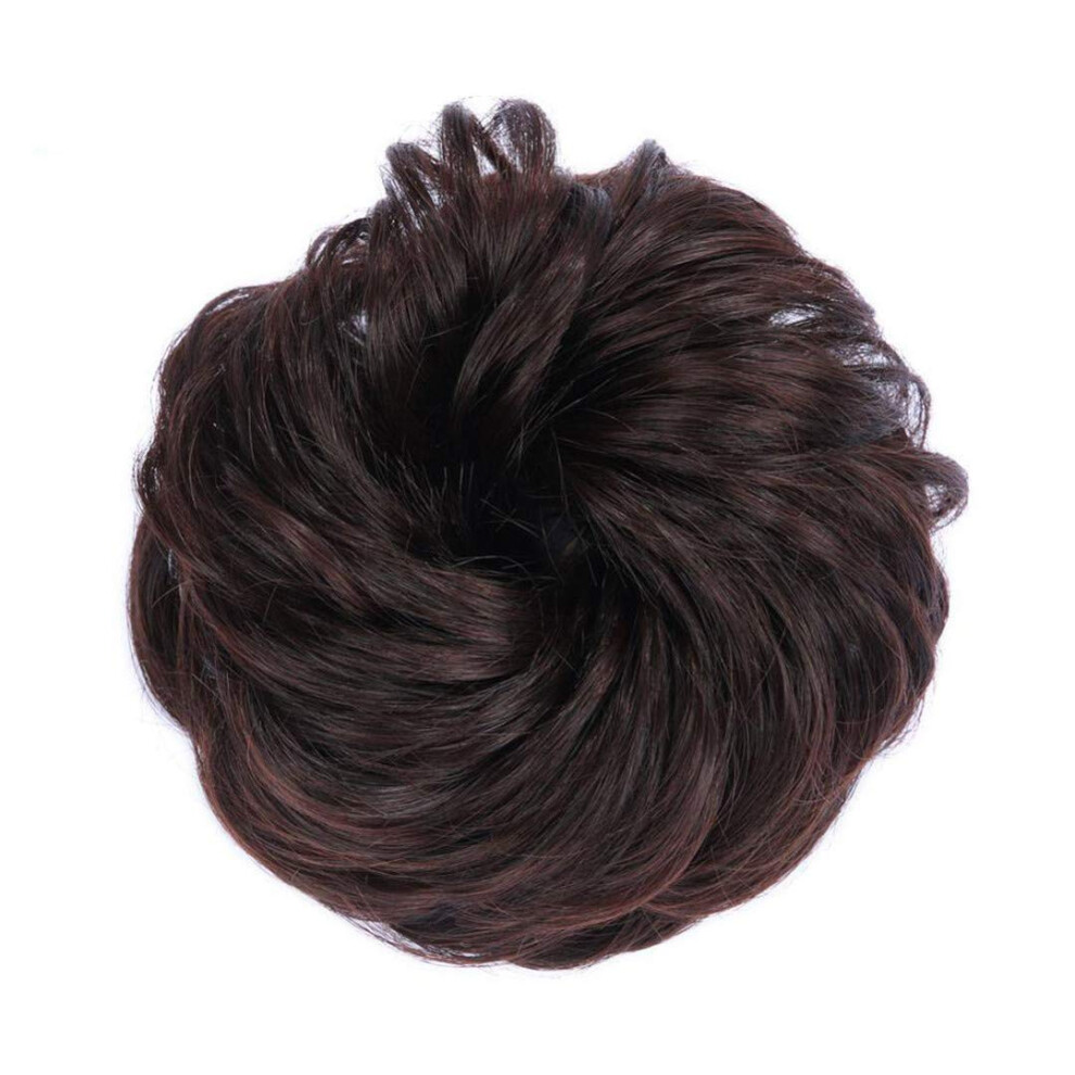 Unisex Brown Dark Curly Ponytail Hairpiece With Drawstring And Combs, Natural Blend Chignon Bun