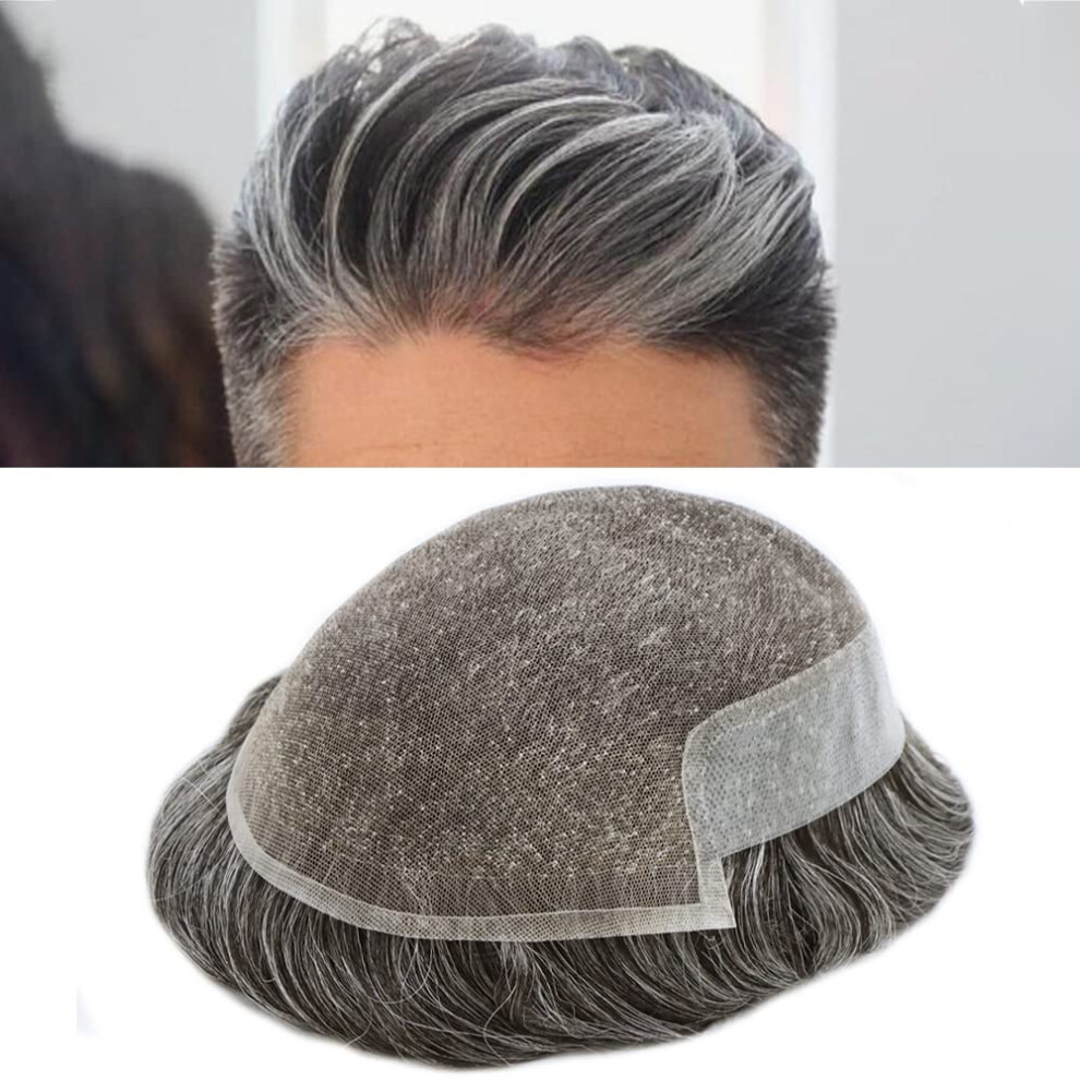 Men's Toupee Human Hair French Lace Hairpiece 6x9 Off Black 40% Gray Natural Hairline