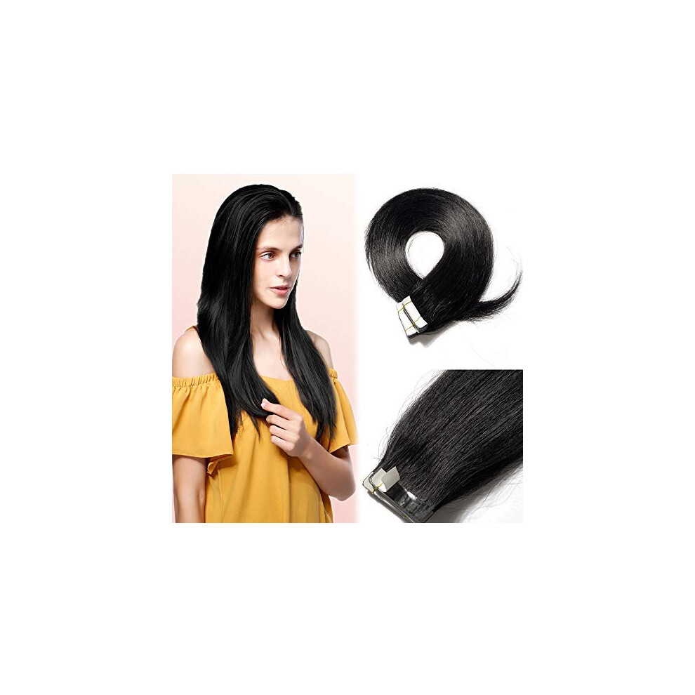 Unisex Black Tape In Hair Extensions Remy Human Hair 12 Inch Jet Seamless Skin Weft Instant Length & Volume