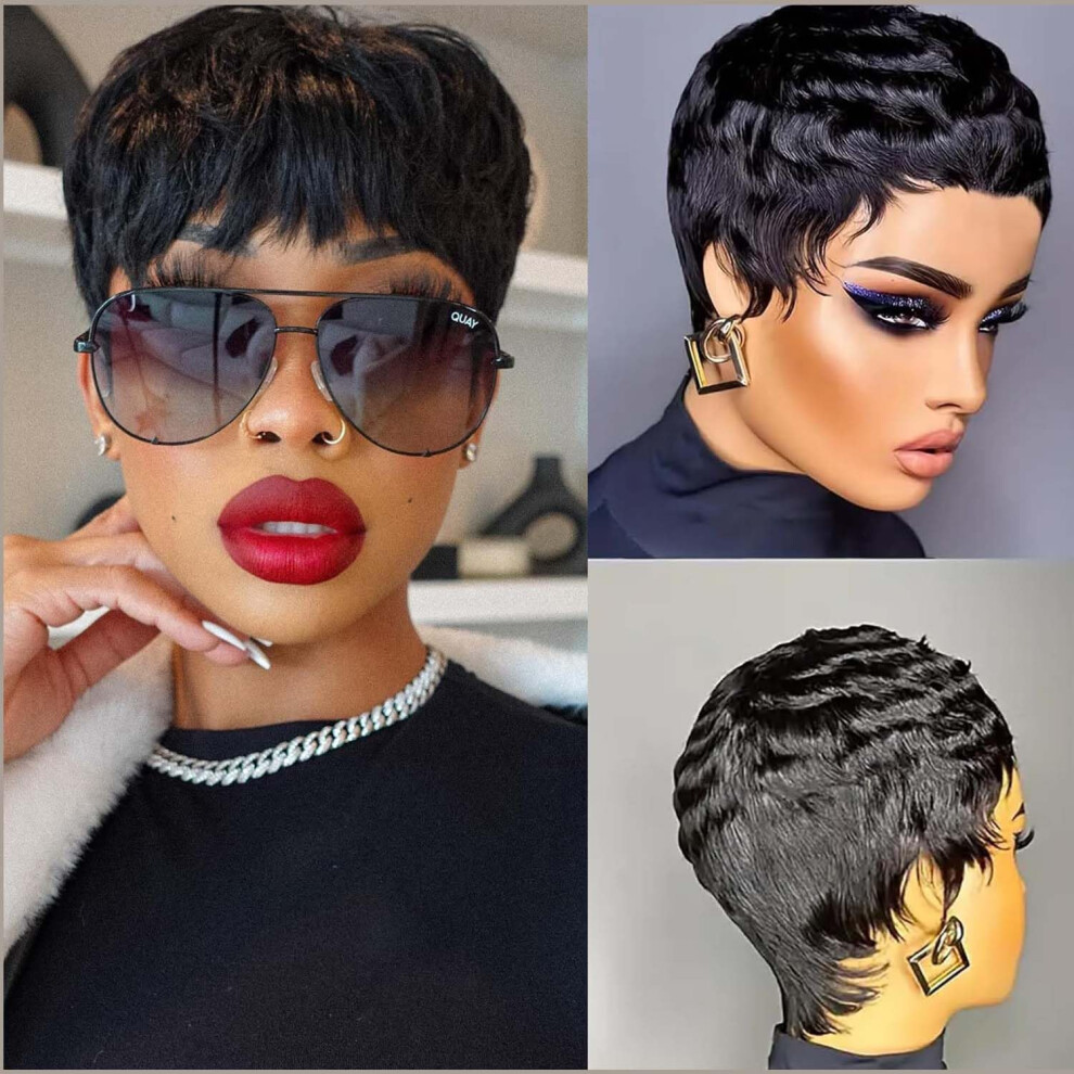 Unisex Black Pixie Cut Human Hair Wig For Women Short Layered Curly Wavy Glueless 1B Natural