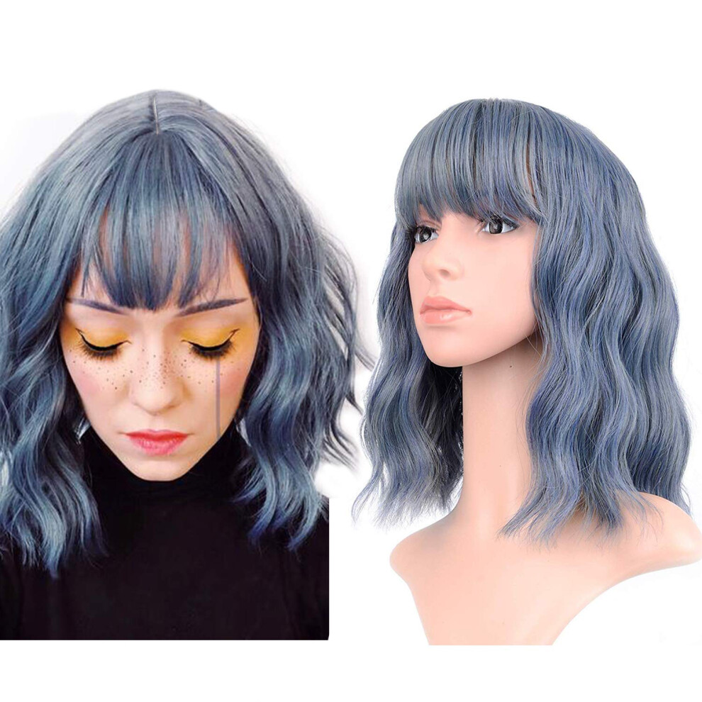 12 Inch Synthetic Wavy Wig with Bangs, Middle Part Short Wig for Women, Piano Grey Blue Cosplay