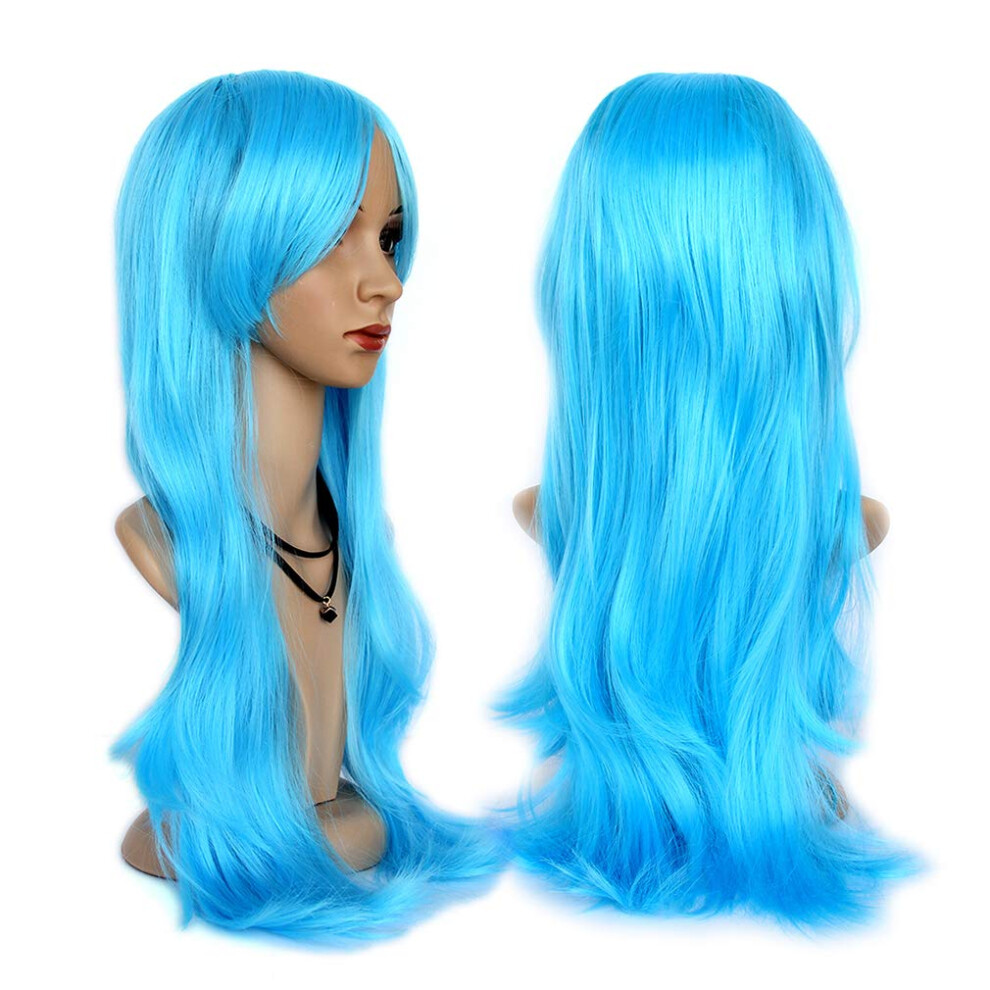 Unisex Blue Light Long Curly Wig 28Inch Heat Resistant Synthetic Fiber With Wig Cap For Women Cosplay
