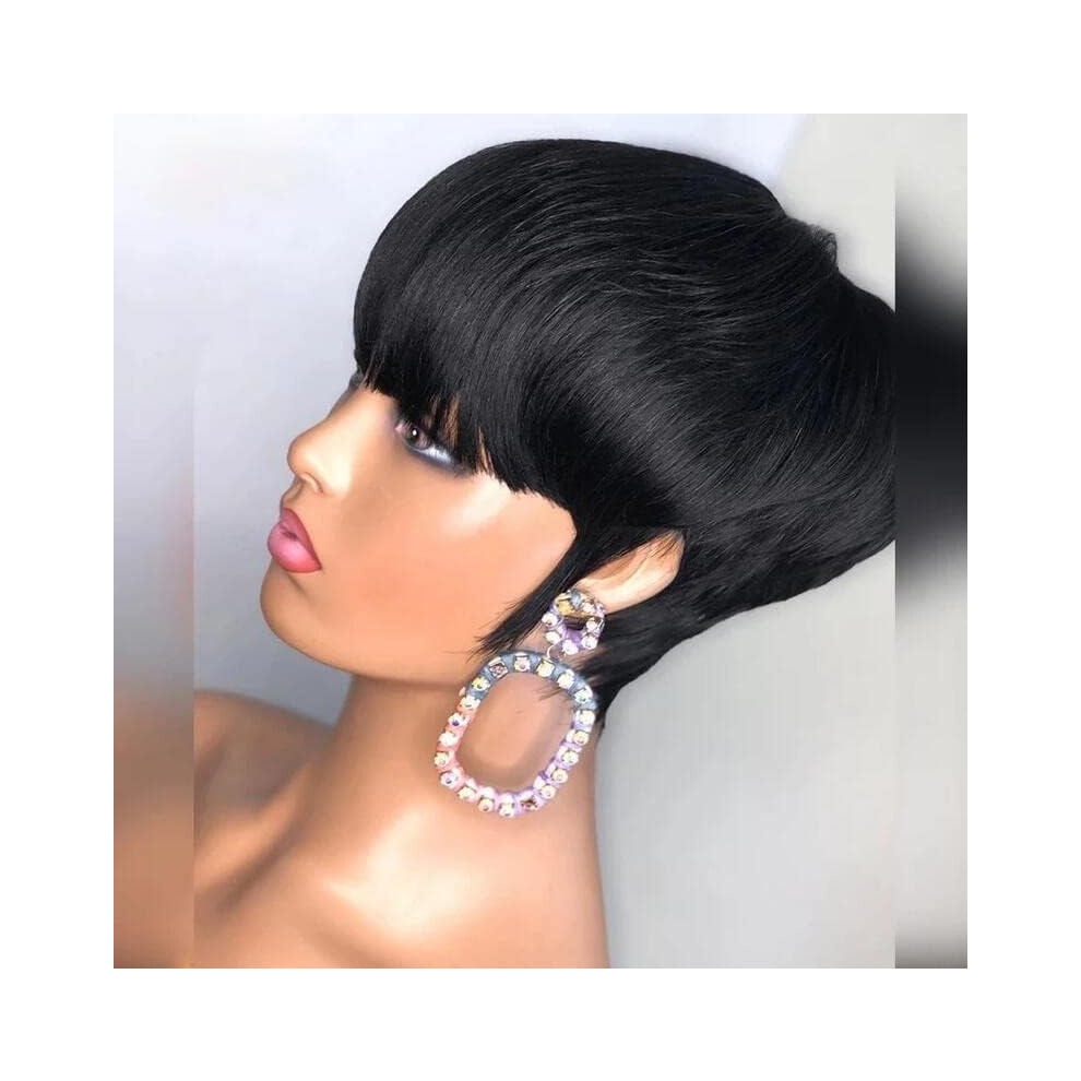 Unisex Black Pixie Cut Human Hair Wig With Bangs For Women, Glueless Pre Plucked, Natural Color 1B