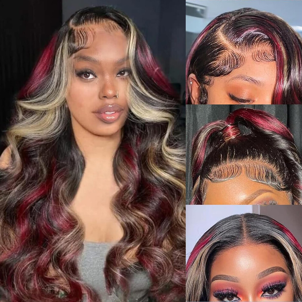 Skunk Stripe Wig Black Red Blonde 30 Inch Body Wave Human Hair 13x4 HD Lace Front Pre Plucked