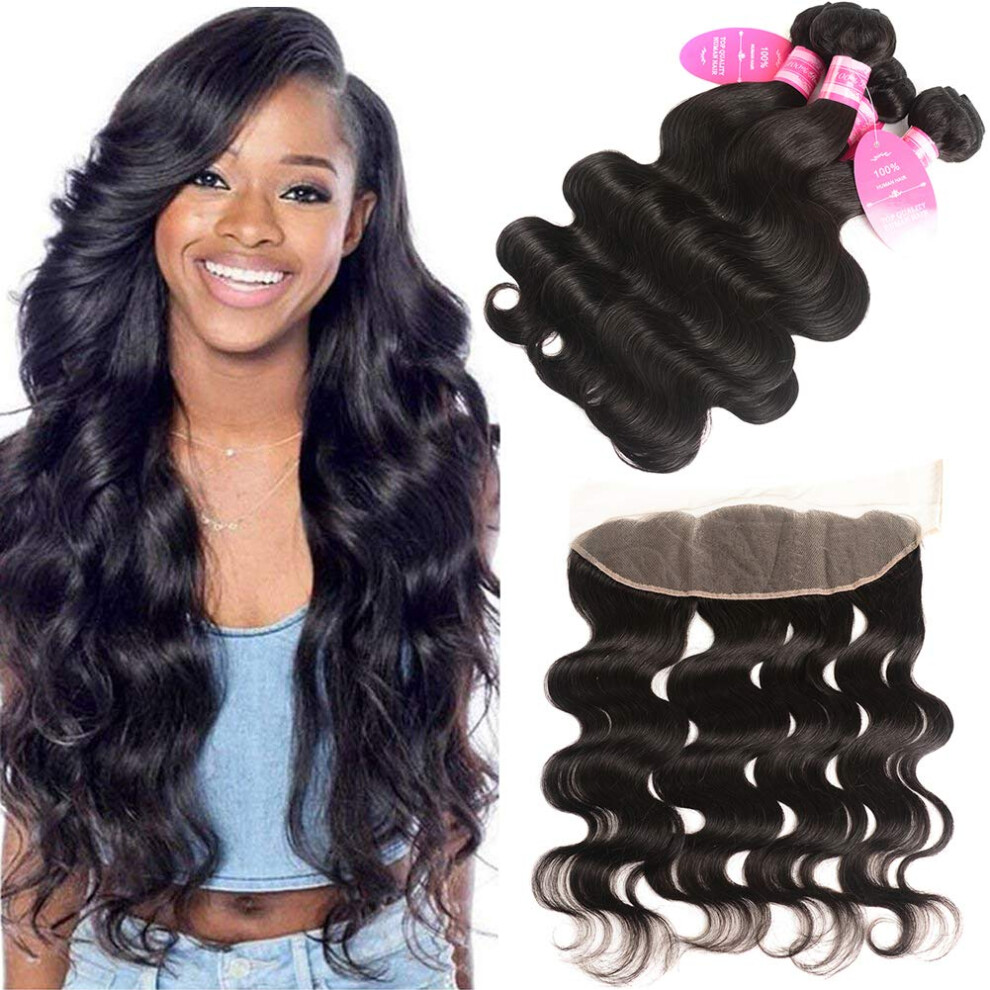Unisex Brazilian Virgin Human Hair Wig 3 Bundles With Frontal Body Wave Pre Plucked Lace Front Natural Hairline