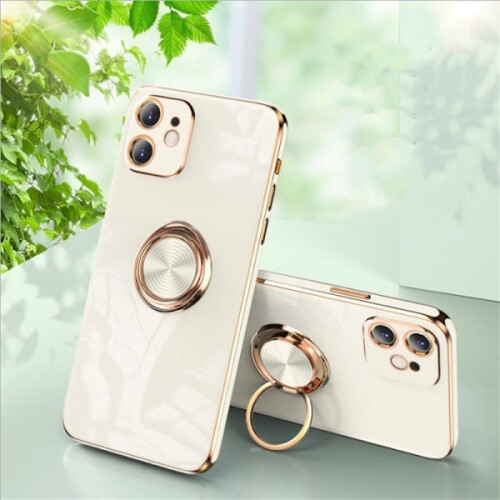 Capa luxuosa e elegante 'compatível com iPhone 13' com função de suporte de anel. Dourada e branca.