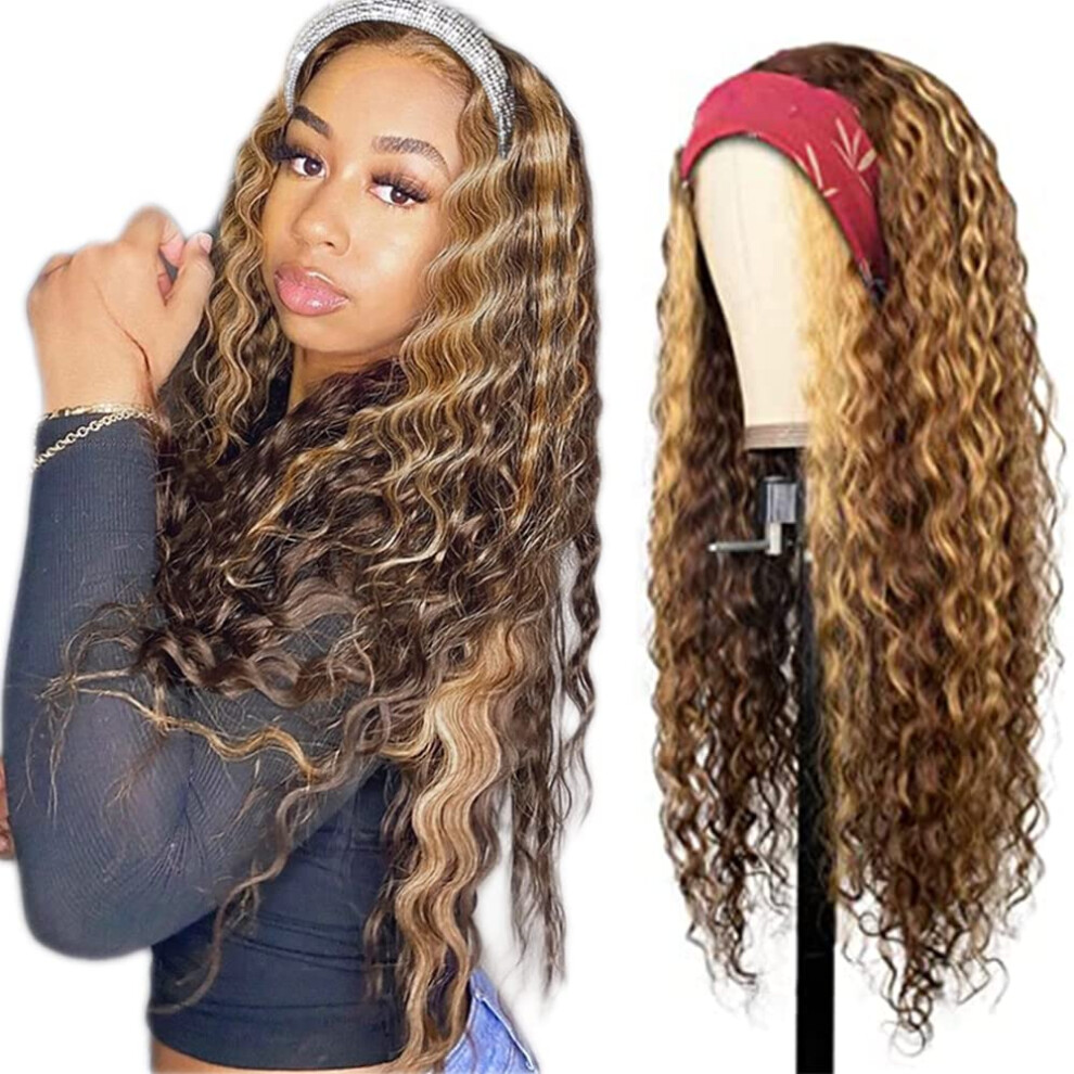 Unisex Brown Highlight Kinky Curly Headband Wig Human Hair Brazilian Remy Glueless Honey Blonde 12 Inch