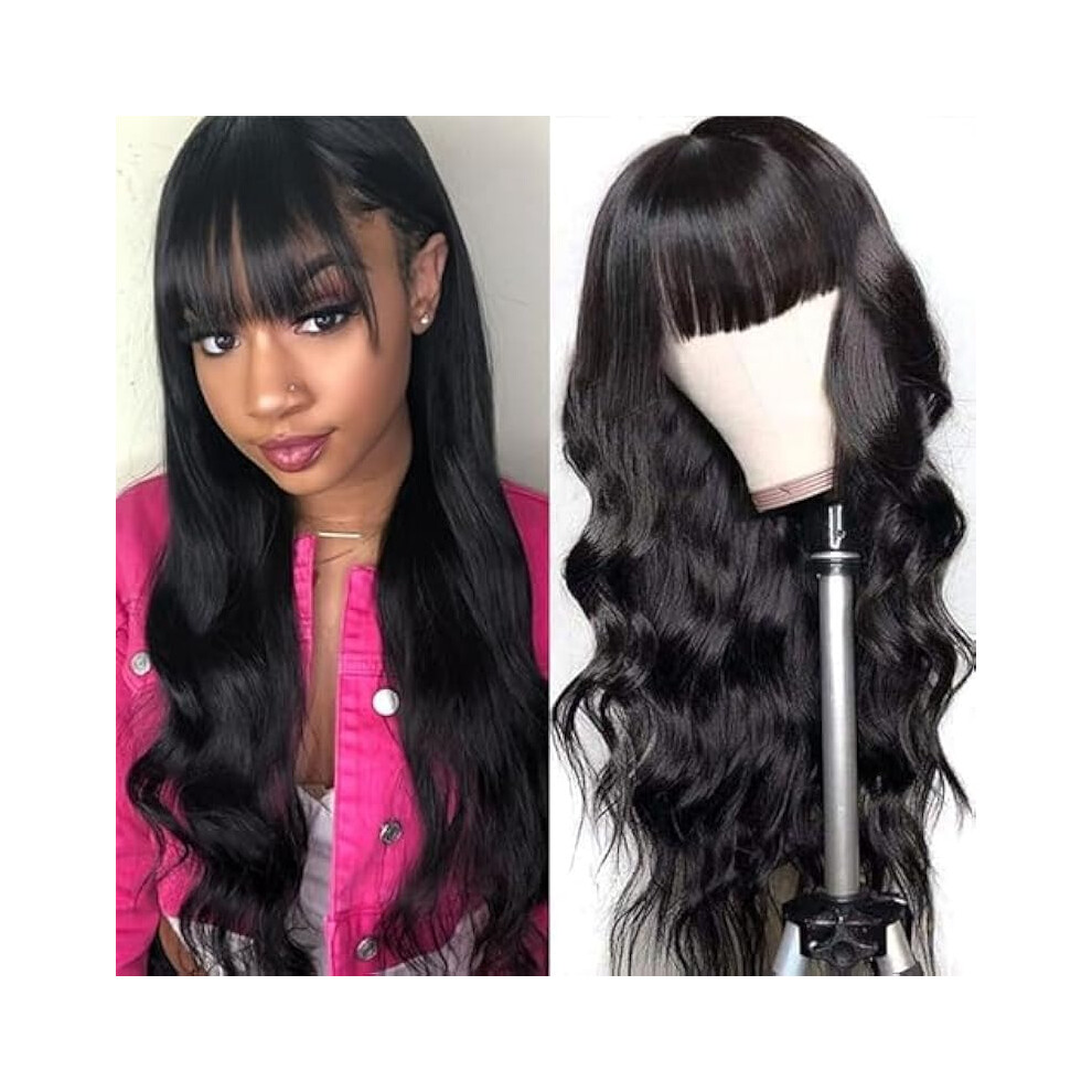 Unisex Body Wave Human Hair Wig With Bangs Glueless Lace Front Brazilian Virgin Hair 150% Density 20Inch