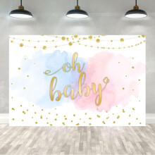 Guld "Oh Baby"-baggrund med kønsafsløring, kompatibel med lyserøde eller blå skyer i akvarelfarve til babyshowerfest og fotoboks.