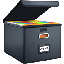 Upgraded File Organizer Box with Lid, Collapsible Faux Leather Hanging File Folder Box with Plastic Slides, Compatible with Home/Office Use