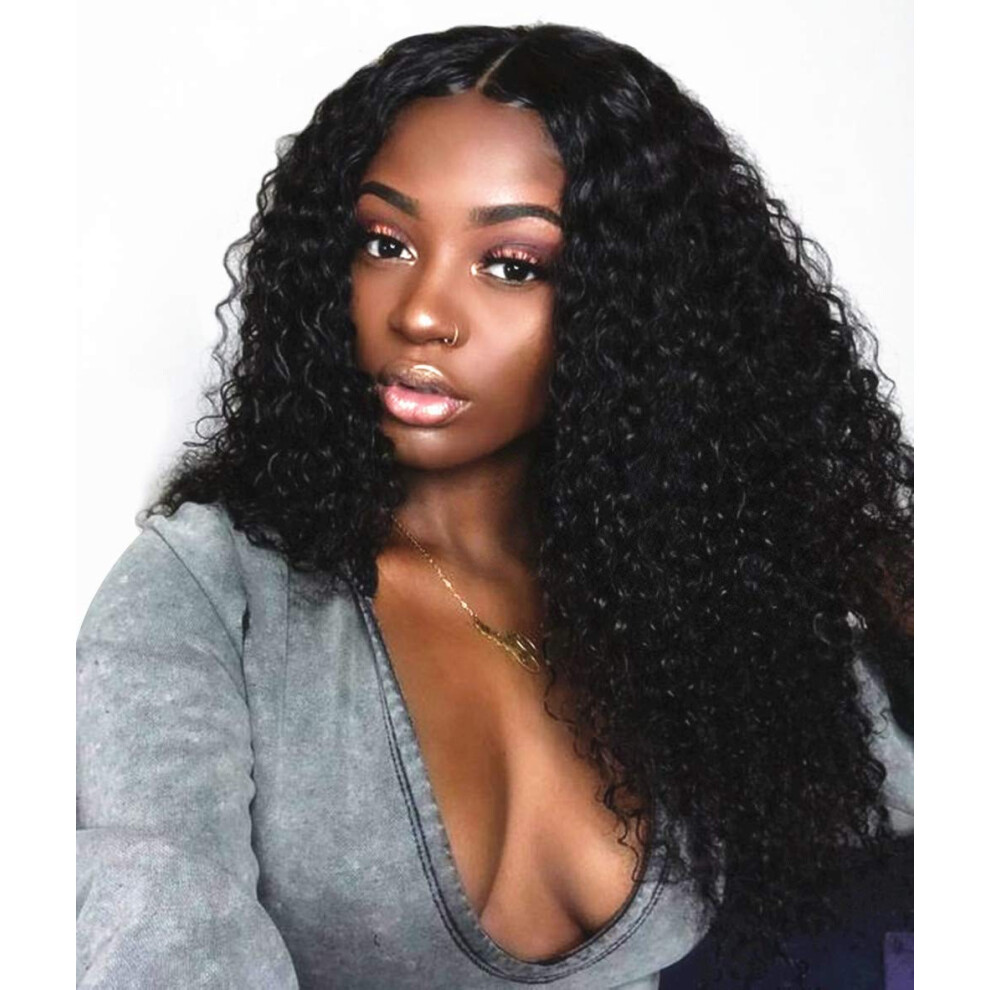 Unisex Black Brazilian Virgin Deep Curly 360 Lace Frontal Wig For Women Preplucked Hairline Glueless 180 Density Natural 14 Inch