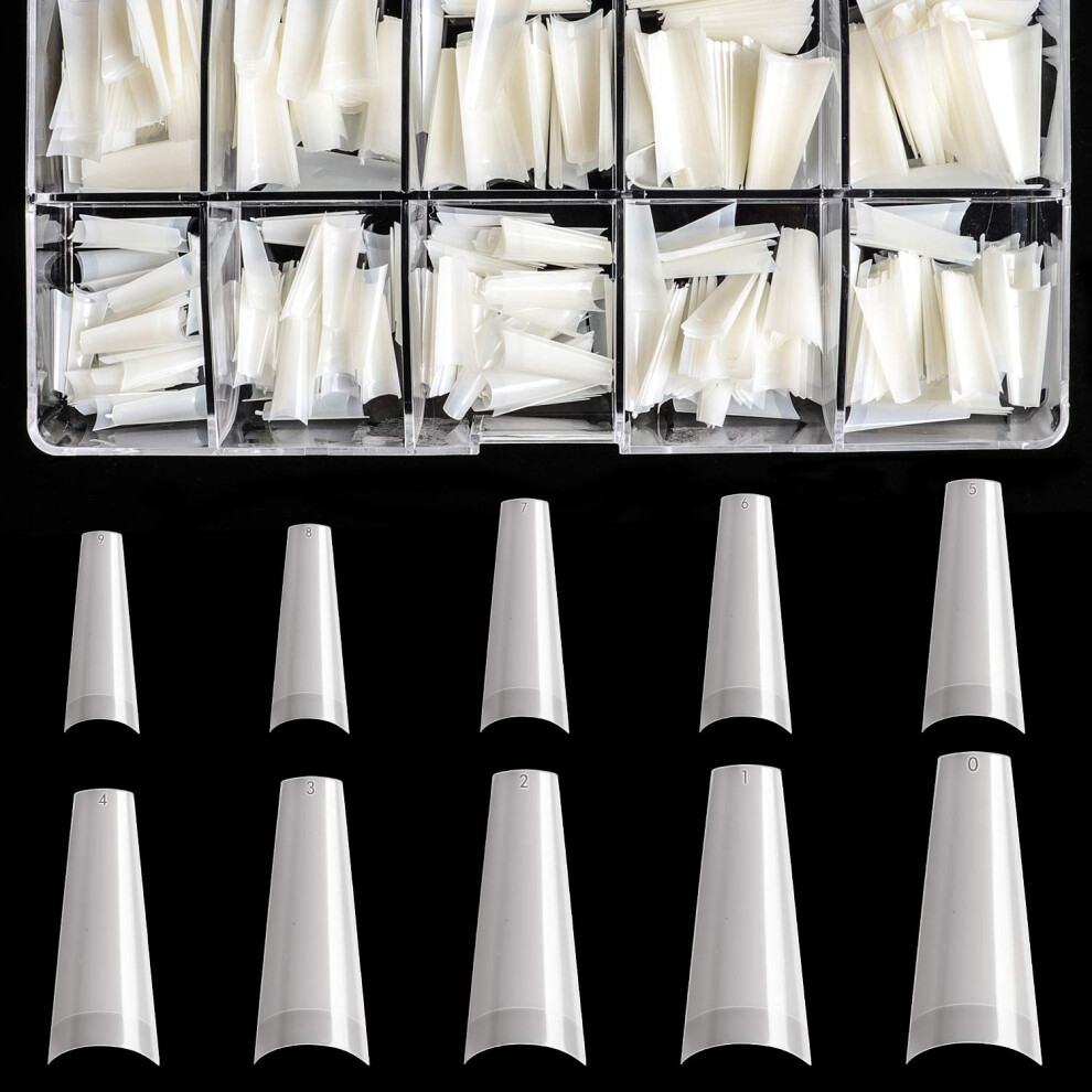 Coffin Nail Tips Set 500pcs Natural Clear French Acrylic False Nails with Case, 10 Sizes