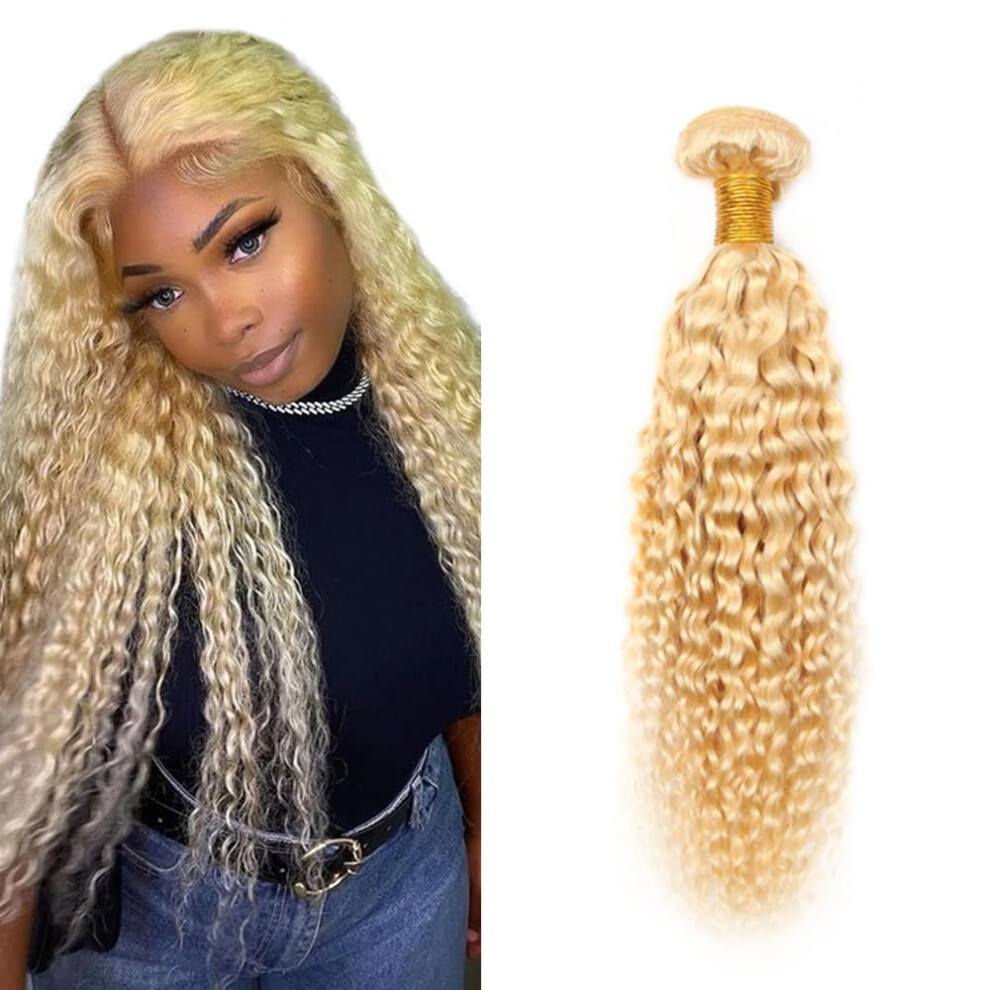 Unisex 14 Inch 613 Blonde Brazilian Kinky Curly Human Hair Bundle, Virgin Weave, 150% Density